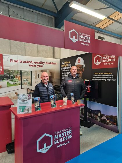 Shaun Pennell (left) and Mark Peggram (right) at the FMB stand, 2023 South West HB&R show